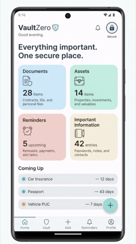 VaultZero home screen